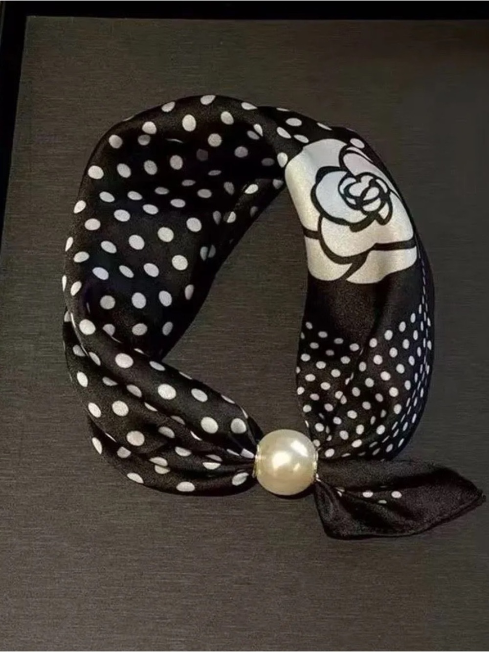 Black and White Polka Dot Scarf Necklace with Pearl Accent